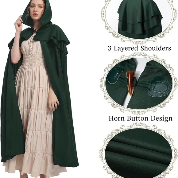 Unisex Dark Green Hooded Cloak - Picture 4 of 11